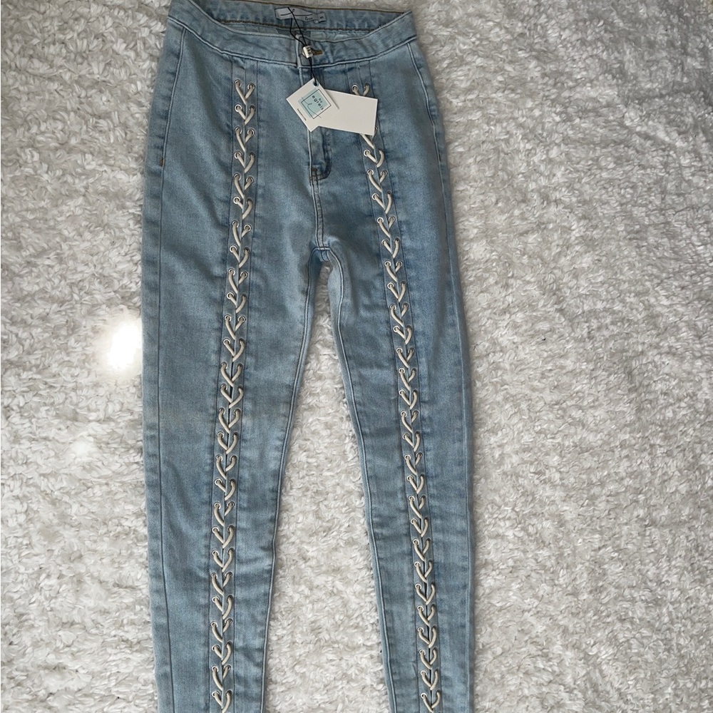 Byegreis Lace Up Light Wash Jeans NWT